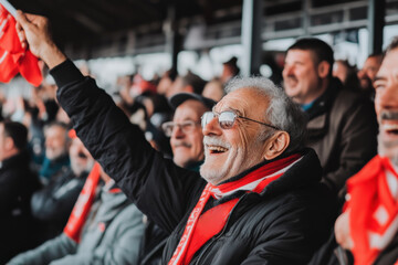 Senior man cheering with a flag at the stadium during a sports event