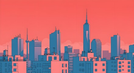 Fototapeta premium minimalist illustration of a city skyline featuring a variety of stylized buildings in blue and white against a vibrant pink sky.