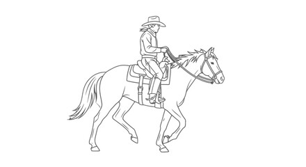 Line drawing of a cowboy riding a horse in a simple style