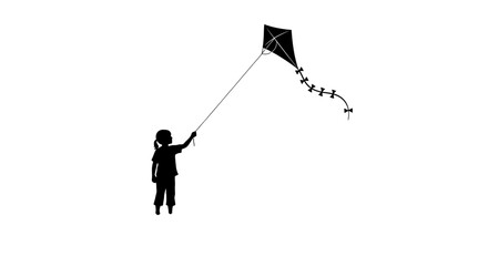 Silhouette of a child flying a kite with a tail against a white background