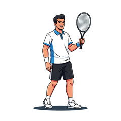 Cartoon illustration of a male tennis player holding a racket in a dynamic stance with a solid white background.