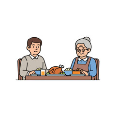 Illustration of a young man and elderly woman enjoying a meal together