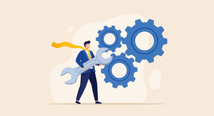 Businessman Holding a Large Wrench with Gears Symbolizing Problem Solving and Innovation