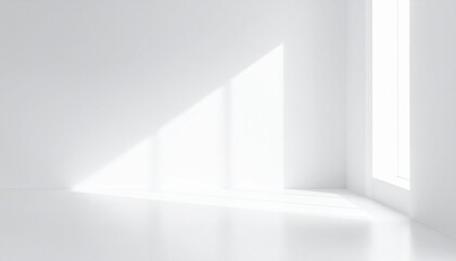 A bright, empty minimalist room with clean white walls and floors that reflect natural light from tall windows, creating a calm and airy atmosphere. Ideal for interior design concepts,empty white room