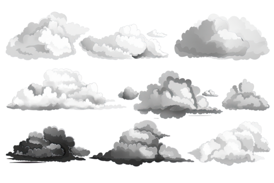 Various grayscale cloud formations, pixelated