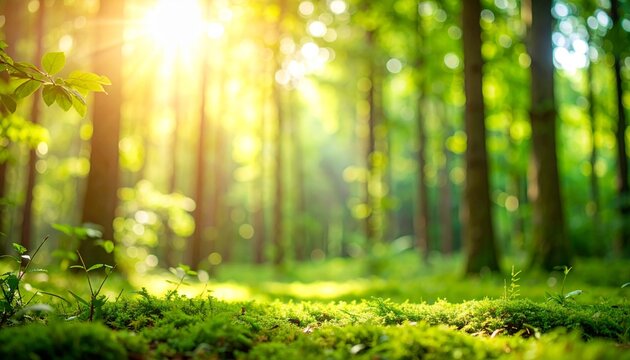 Beautiful green forest view with morning sunlight shining through the leaves, creating a peaceful and natural atmosphere.,sun rays in the forest - Powered by Adobe