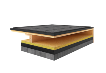 Cross-section of a layered roof structure.  Dark gray roofing material sits atop a lighter colored layer, possibly insulation.  Beneath this, more insulation and a subfloor are visible. 