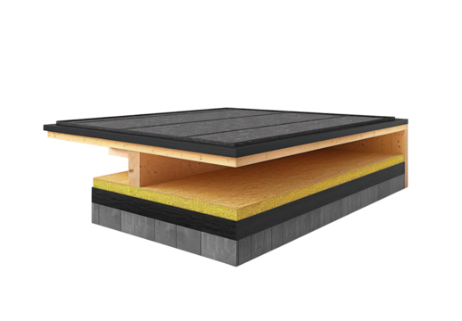 Cross-section of a layered roof structure.  Dark gray roofing material sits atop a lighter colored layer, possibly insulation.  Beneath this, more insulation and a subfloor are visible. 