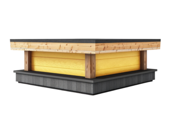 Rooftop structure, yellow panels, wood trim, gray base.  Isolated 3D model of a small, square, elevated building section with a sloped roof.  