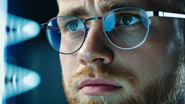 Focused Reflection: An inquisitive individual wearing glasses intently examines a complex technological interface, demonstrating focus and concentration.
