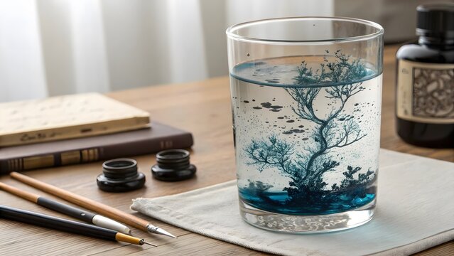 A glass of water with blue ink creating a tree like design next to art supplies on a wooden table