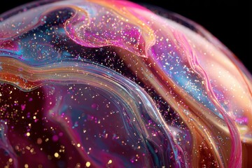 Abstract Iridescent Bubble with Glowing Particles and Fluid Motion