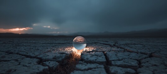 Under a fading twilight sky, a glowing orb rests upon dry fractured earth