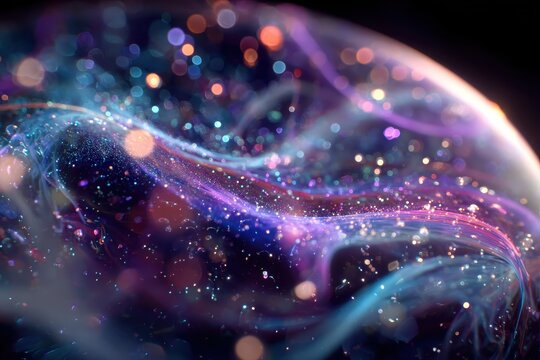Abstract Iridescent Bubble with Glowing Particles and Fluid Motion