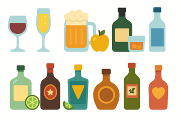 Beverage flat icon set. wine, beer, whiskey, and cocktail icons for your bar menu