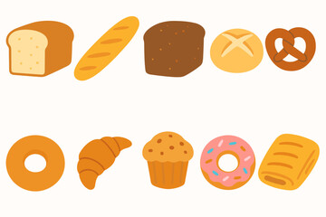 Bakery and pastry flat icon set. bread, croissant, donut flat style icons collection