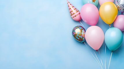 Pastel Balloons and Party Hat on Blue Background Festive Birthday Celebration Image