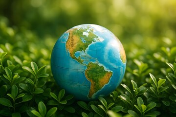 Globe of Earth resting on lush green leaves symbolizing sustainability, environmental care, global ecology, and conservation awareness for nature protection and future generations
