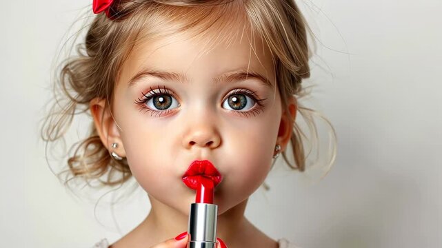 Little Makeup Artist: A charming little girl, adorned with a vibrant red lipstick, brings forth a delightful snapshot of youthful exploration and imaginative play.