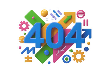 Modern 3D '404' design in glossy blue with colorful playful shapes