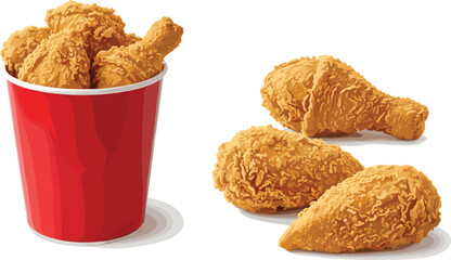 Crispy fried chicken drumsticks in red bucket, fast food vector illustration, delicious crunchy chicken pieces, deep-fried snack meal, realistic food isolated design