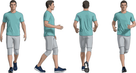 Man walking character set, front side back view illustration, male in casual outfit, realistic 3D pose reference, human movement animation asset