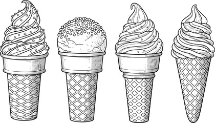 Vintage ice cream cones illustration, hand-drawn soft serve and scoop style, classic waffle cone desserts, retro frozen treat sketches in black and white line art