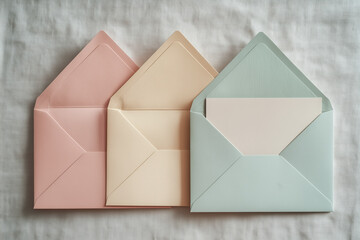 Blank Pastel Envelopes Flat Lay with Pen on Neutral Fabric