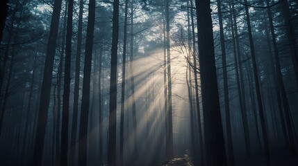 Mysterious dark forest landscape with tall trees and rays of sunlight breaking through foggy mist, perfect for fantasy, horror, mystery, nature, and atmospheric background themes