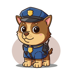 Fototapeta premium Cartoon illustration of a cute dog wearing a police uniform and hat, complete with a badge and radio.