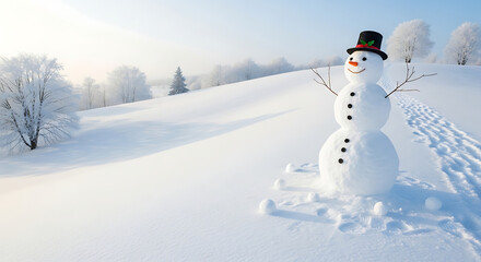 Obraz premium Snowman with top hat standing in a snowy field on a bright winter day with snow covered trees far away ai generated