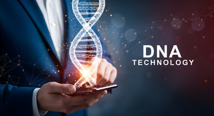 Man Holding Glowing DNA Strand Projection in Blue Suit on Dark Background