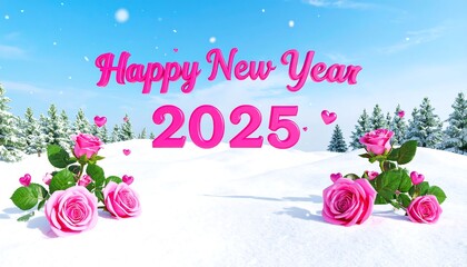 Festive winter scene with pink roses and Happy New Year 2025 greeting