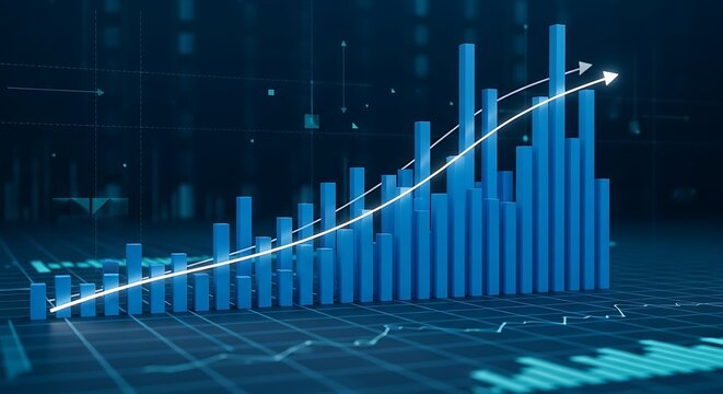 A 3d bar graph with an upward trending arrow shows business growth and financial success