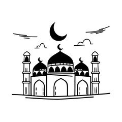 Hand drawn sketch of a mosque with crescent moon and clouds