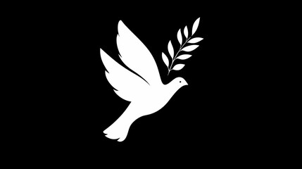 Obraz premium Silhouette of a dove carrying an olive branch against a black background