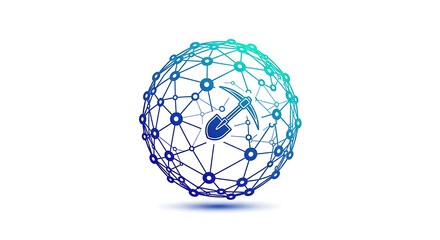 Network sphere with nodes and lines and a pickaxe inside on a white background design concept ai generated
