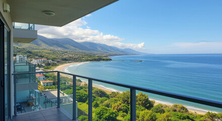 Ocean View From Balcony with Blue Sea and Distant Mountains