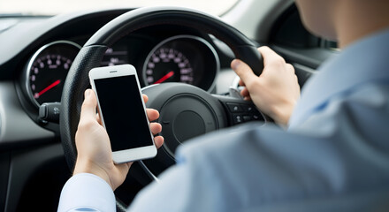 Naklejka premium Man in Blue Shirt Using Smartphone While Driving an Automobile with Dashboard and Steering Wheel