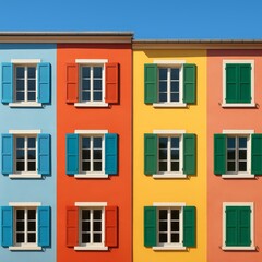 Fototapeta premium Vibrant Building Facade with Colorful Windows for Architecture and Design Projects - Inspiring Creativity and Modern Living in Urban Spaces