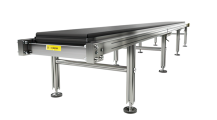 Industrial conveyor belt system.  A long,  metal conveyor belt system with a dark gray/black belt,  supported by metal framework and legs.  The framework has support beams and bolted connections