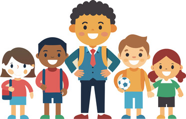 Diverse group of smiling children and a teacher ready for school