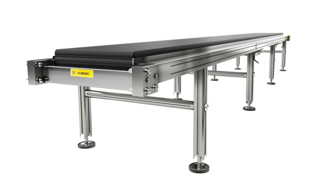 Industrial conveyor belt system.  A long,  metal conveyor belt system with a dark gray/black belt,  supported by metal framework and legs.  The framework has support beams and bolted connections