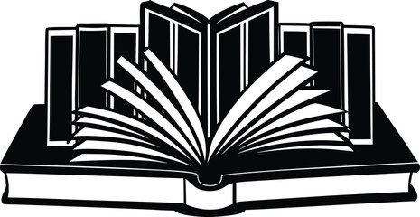 Open book and stacked books illustration