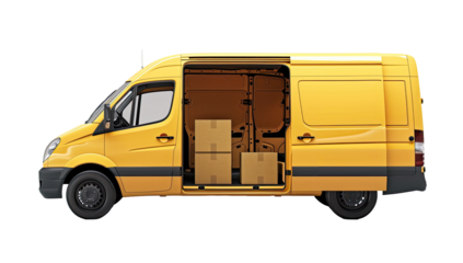 Side view of a bright yellow delivery van with open rear doors, filled with cardboard boxes