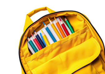 Bright yellow backpack, open, filled with colorful school supplies