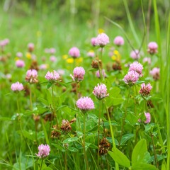 Delicate pink clover blossoms in a grassy meadow