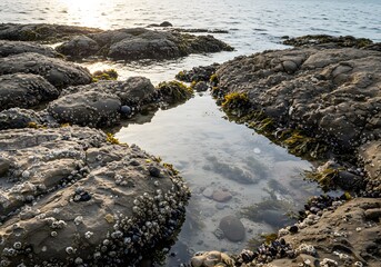 Sunlit intertidal zone featuring a clear tide pool surrounded by textured rocks covered in barnacles and seaweed.