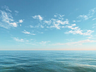 Calm blue ocean under a clear sky with scattered white clouds, serene seascape reflecting sunlight, perfect for backgrounds, nature scenes, and coastal design projects