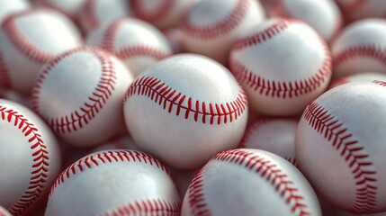Pile of White Baseball Spheres with Red Seams close up, Professional Gear